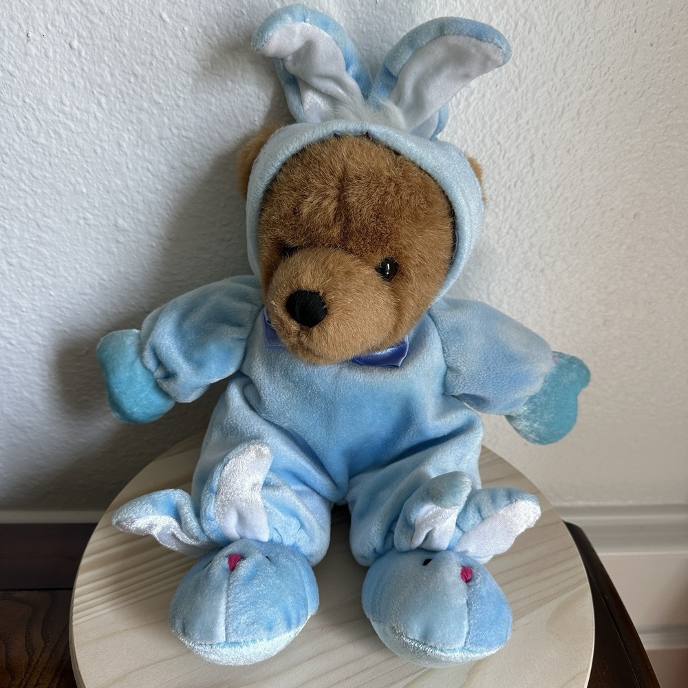 VTG Dan Dee Bear Plush Stuffed Toy 14 Inch Blue Easter Bunny Rabbit Outfit Rare‎